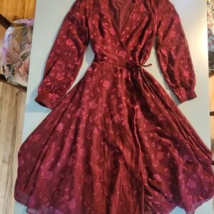 Lulus Burgundy Floral Jacquard Wrap Midi Dress